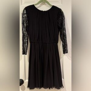Alice + Olivia Black Dress with Pleated Detail, Lace Sleeves and Open Back